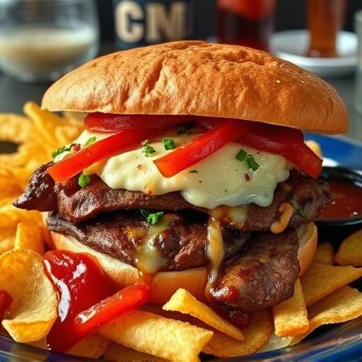 A fully loaded Gatsby sandwich, overflowing with chips, steak, and sauces, cut into sharing portions.