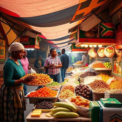 A vibrant South African street food market scene with various stalls and people enjoying the food.